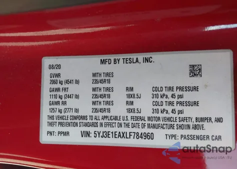 2020 Tesla Model 3 Standard Range Plus Rear-Wheel Drive/Standard Range Rear-Wheel Drive из США, поврежденный, VIN 5YJ3E1EAXLF784960